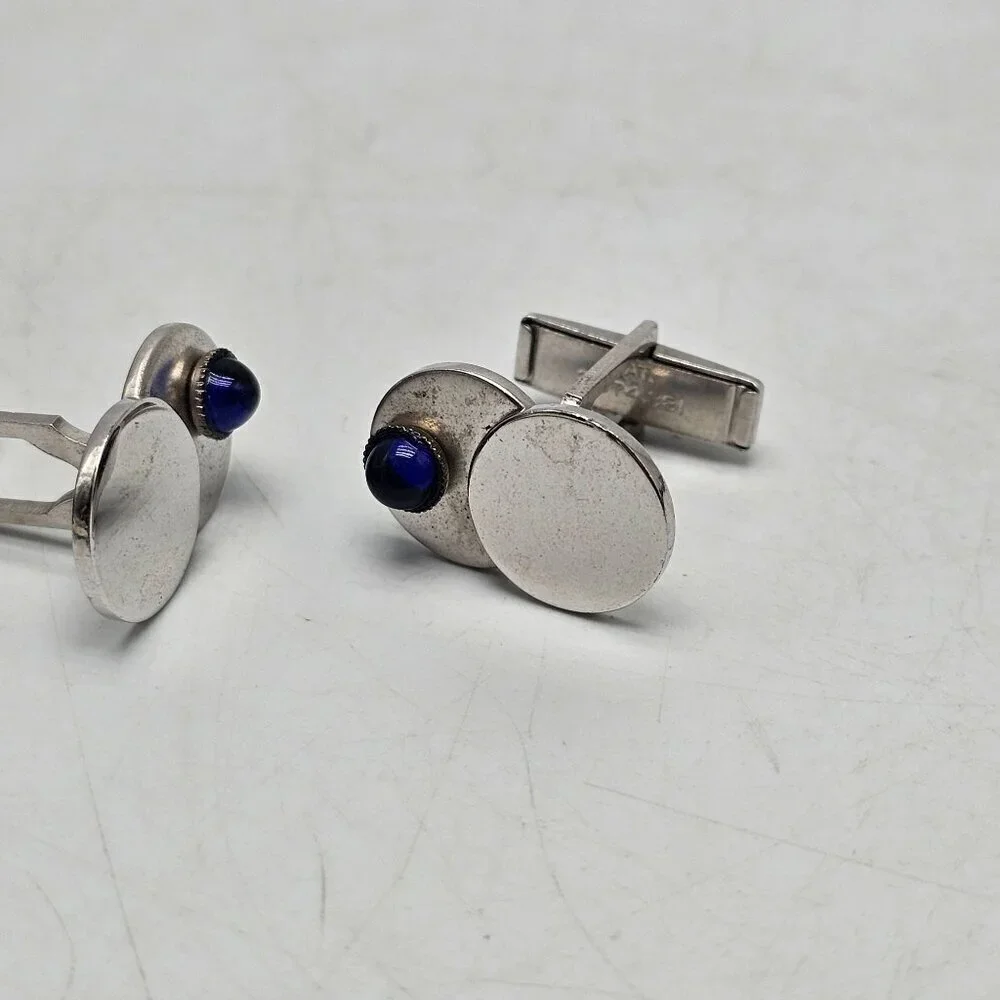 Vintage Silver Tone Cufflinks With Blue Glass Cabochon Mid Century